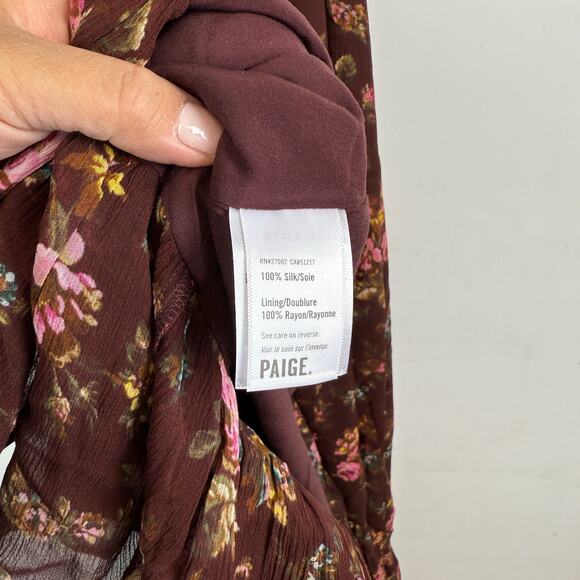 PAIGE Neroli Floral Print Silk Midi VNeck Dress Brown - S - Picture 5 of 9
